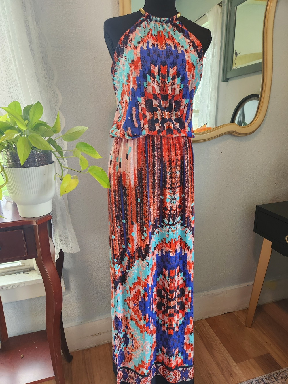Sleeveless Printed Halter Maxi Dress in Coral, Turquoise & Navy
